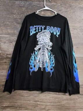 Betty Boop Black Long-Sleeve Graphic Tee with Blue Flame Sleeves